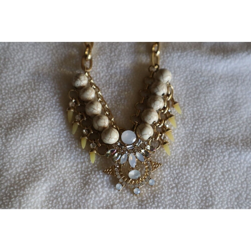 Gold Tone Chain Link Bead Necklace White Marbled Faux Howlite Rhinestone AB 17"+ - Picture 10 of 10